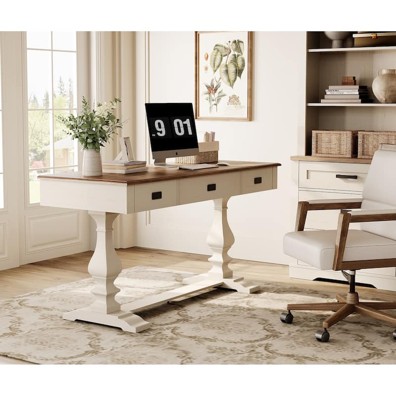 Vintage Rustic Executive Desk with Charging Station Home Office Table