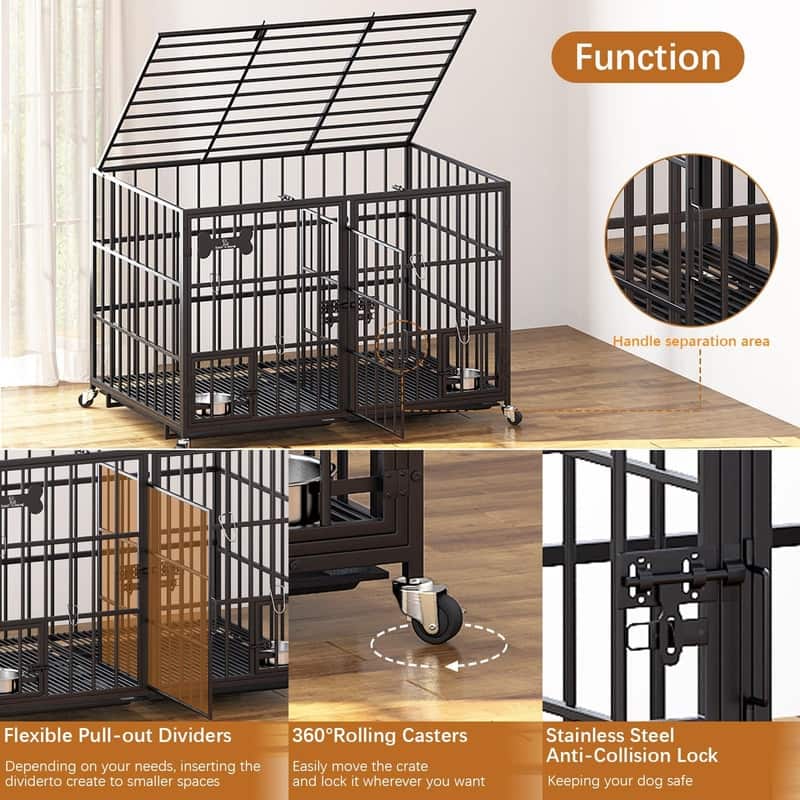 Heavy Duty Dog Crate with Wheels Escape Proof Metal Kennel Lockable Wheels Slide Out Tray