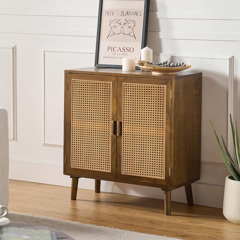 Woodland Multifunctional Rattan-Accented 2-Door Storage Stackable Buffet Cabinet with Solid and Wood Frame by HULALA HOME