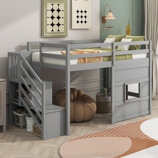 Twin Size Loft Bed Frame with Storage Staircase, Grey