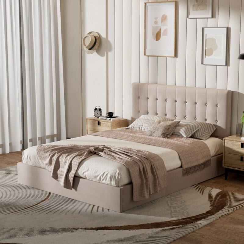 Plywood Frame Upholstered Platform Bed with Lift-up Storage - Khaki - Queen