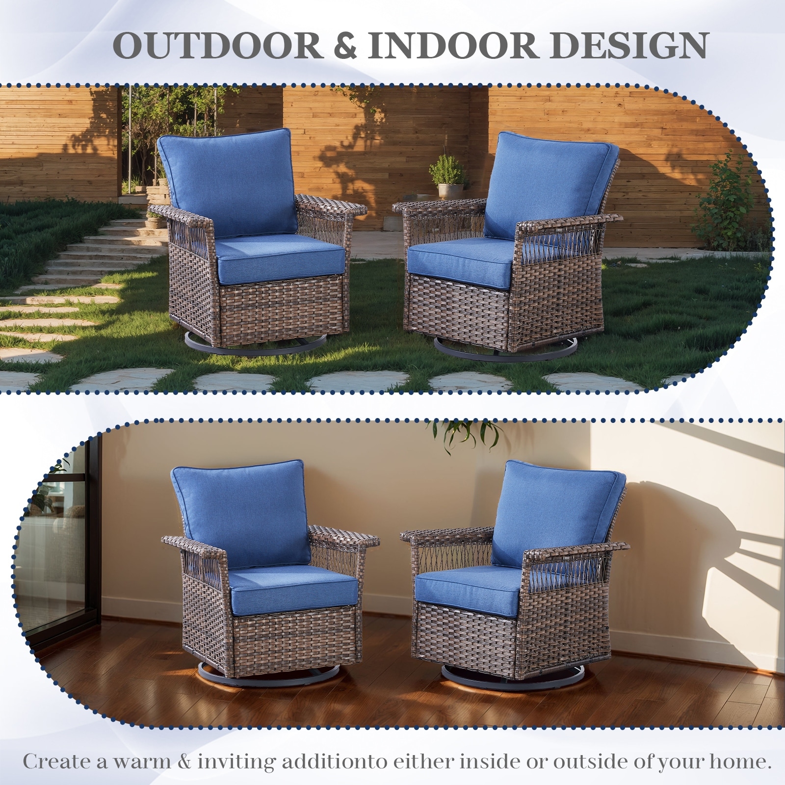 Outdoor Swivel Gliders Rocker Chair Set of 2 Brown Blue