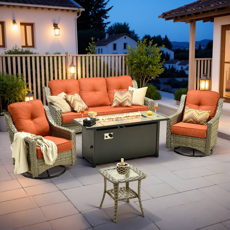 XIZZI 5-Piece Wicker Patio Furniture Set with Sofa, Swivel Chairs & Fire Pit - Red