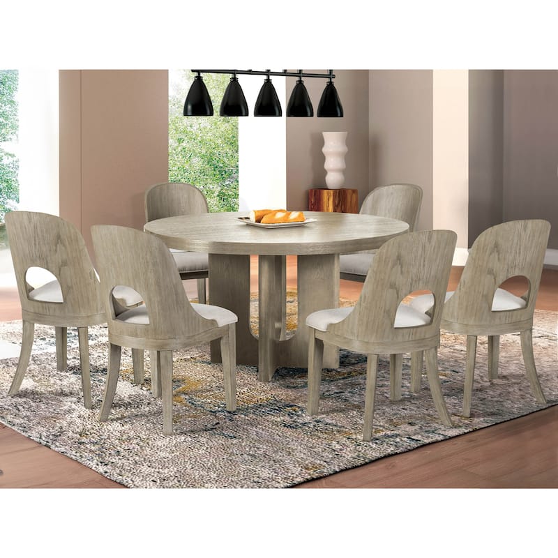 Furniture of America Piez Modern 7-Piece Solid Wood Round Dining Set - White Oak