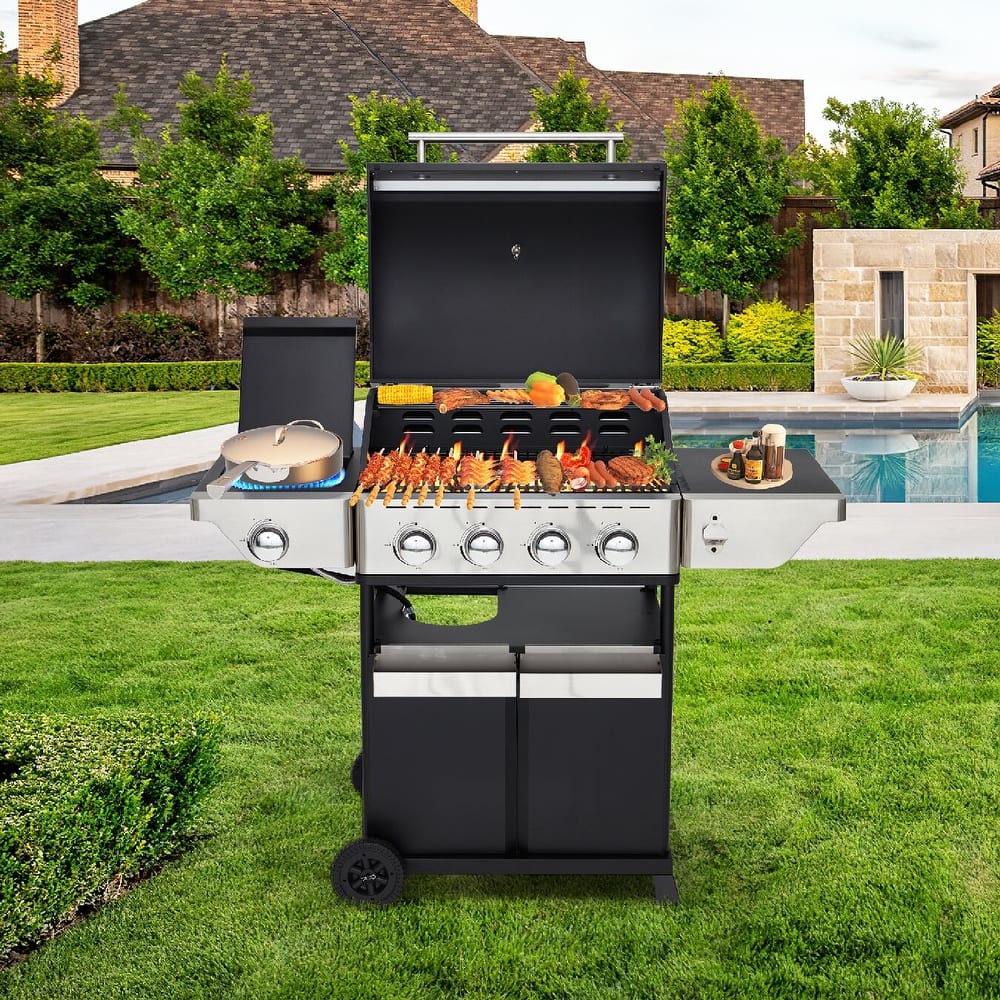 Outdoor BBQ Gas Grill - 58K BTU, Stainless Steel, with Stove & Side Table, perfect for camping, picnics, and gatherings