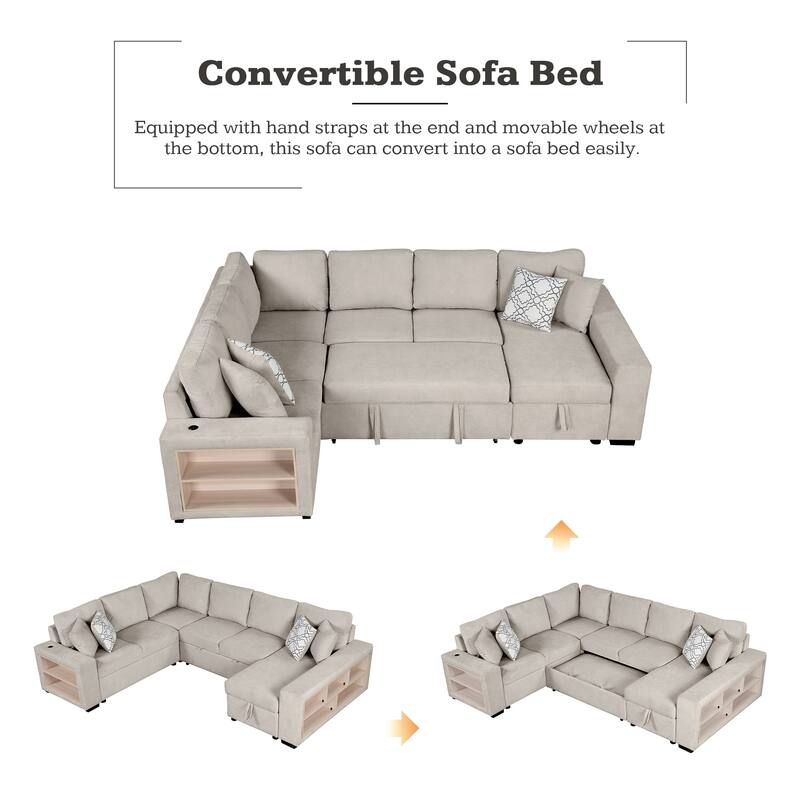 Roomfitters U-Shaped Sectional Sofa with Pull-Out Bed, Two USB Ports, Storage Chaise Lounge, and Four Back Pillows