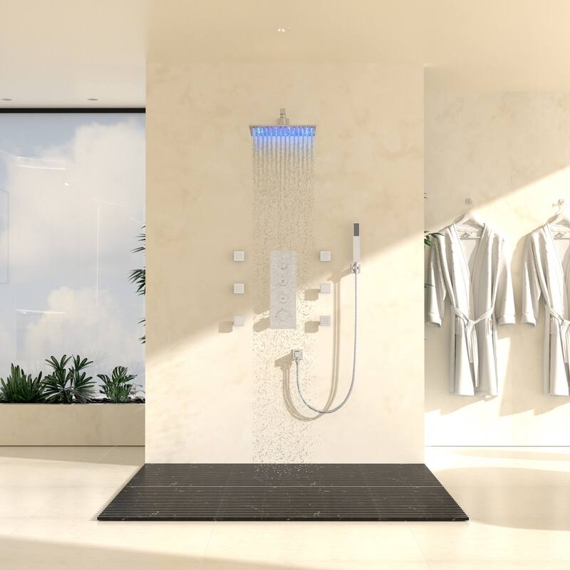 Luxury Thermostatic Shower System 3-Spray Patterns 12" Wall Mount Rain Dual Shower Heads with LED and 6 Body Jets in Chrome