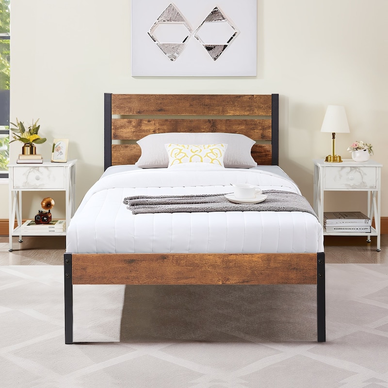 Javlergo Modern 3-Pieces Bedroom Set with Platform Bed Frame and Nightstands - White Nightstands - Twin