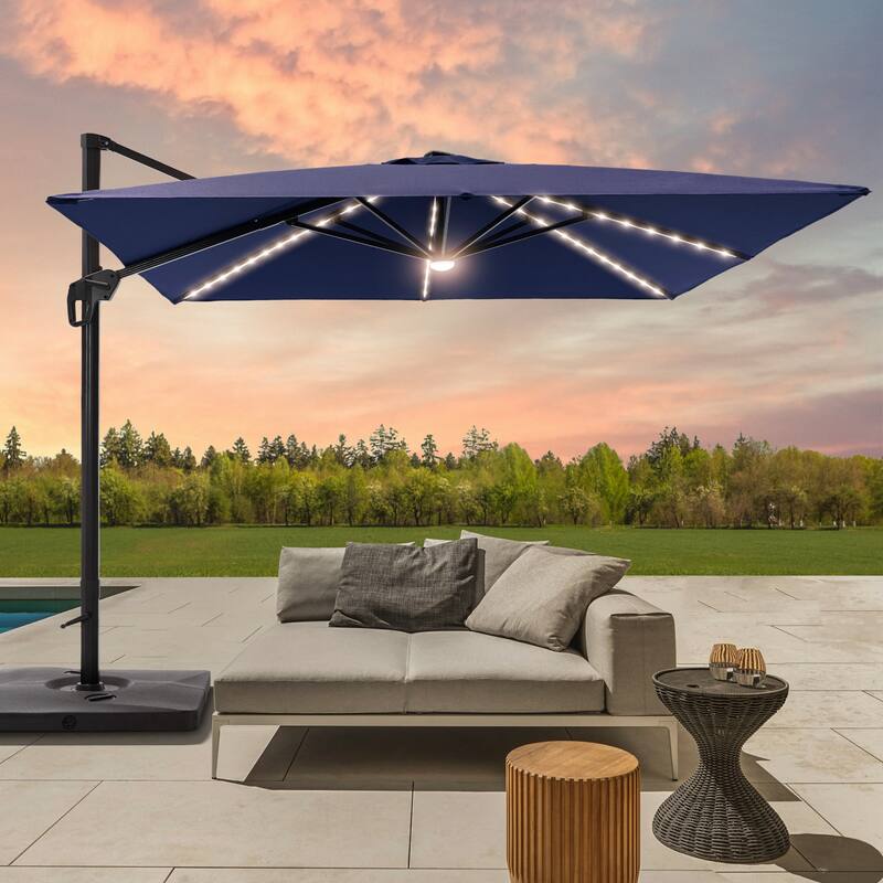 BONOSUKI 10x10FT LED Cantilever Patio Umbrella Angle Adjustment w/Base - Navy Blue