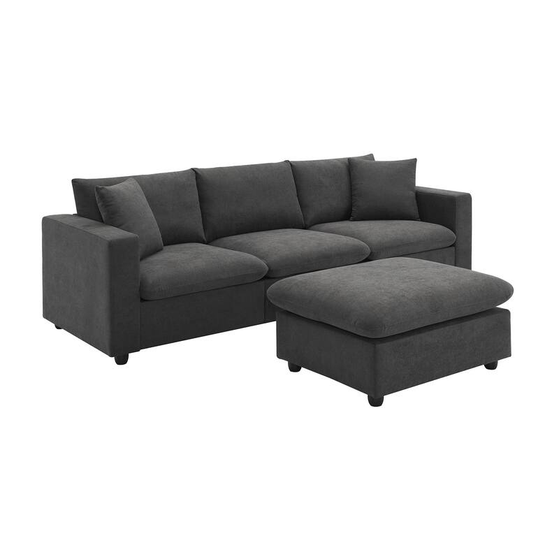 L-shaped Couch Set with 2 Free pillows,4-seat Polyester Fabric Couch Set with Convertible Ottoman for Living Room, Apartment - Grey