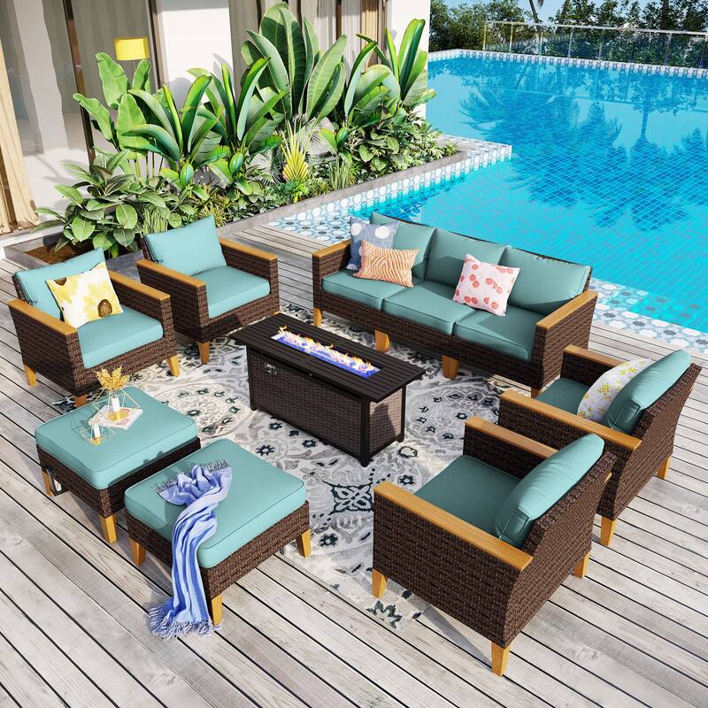 8-Piece Patio Outdoor Wicker Sectional Sofa Set, Large Seating Furniture Conversation Sets with Fire Pit Table