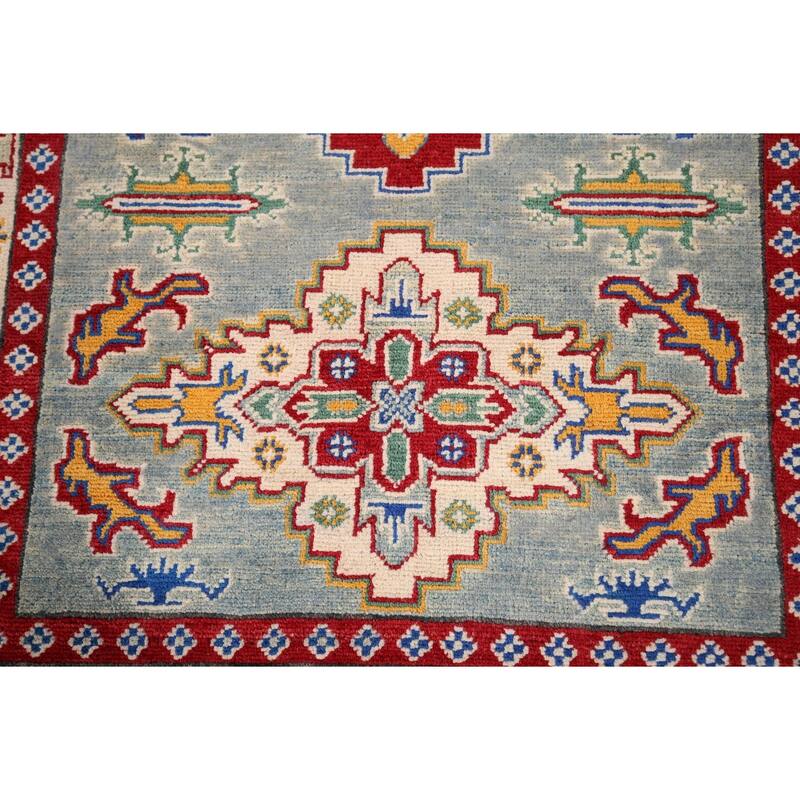 Geometric Kazak Foyer Rug Hand-Knotted Blue Wool Carpet - 3'4" x 4'9"