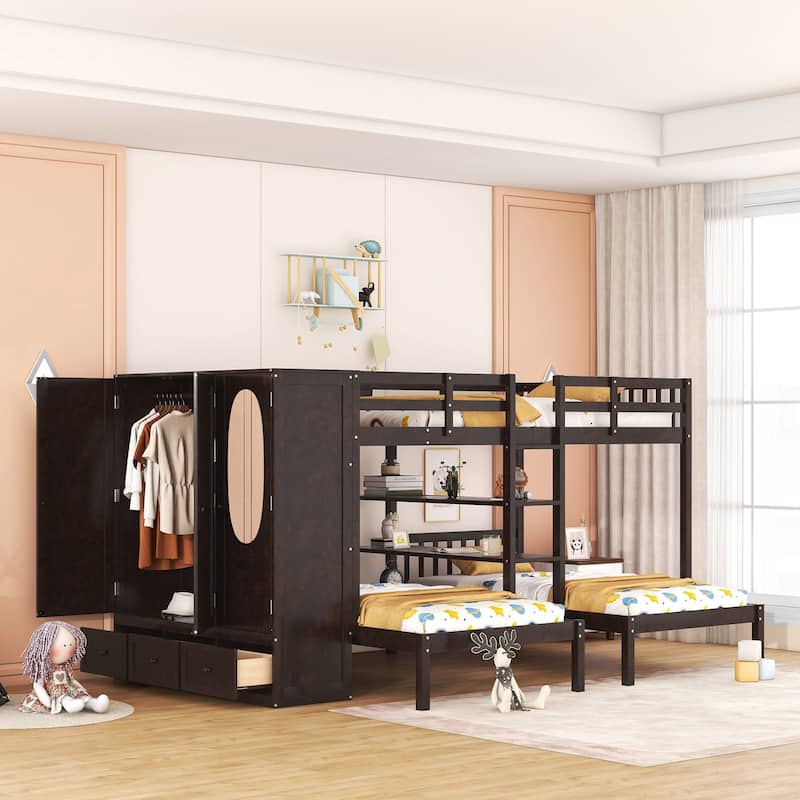 Bunk Bed with Shelves, Wardrobe and Mirror - Espresso