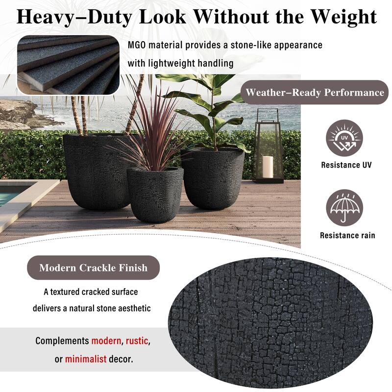 Lightweight Planter Set of 3,16.93"+13.78"+11.02"Dia Round Concrete Stackable Flower Pots with Drainage Holes and Rubber Plug