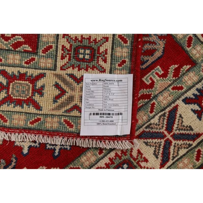 Red Kazak Foyer Rug Handmade Traditional Wool Carpet - 3'0"x 3'11"