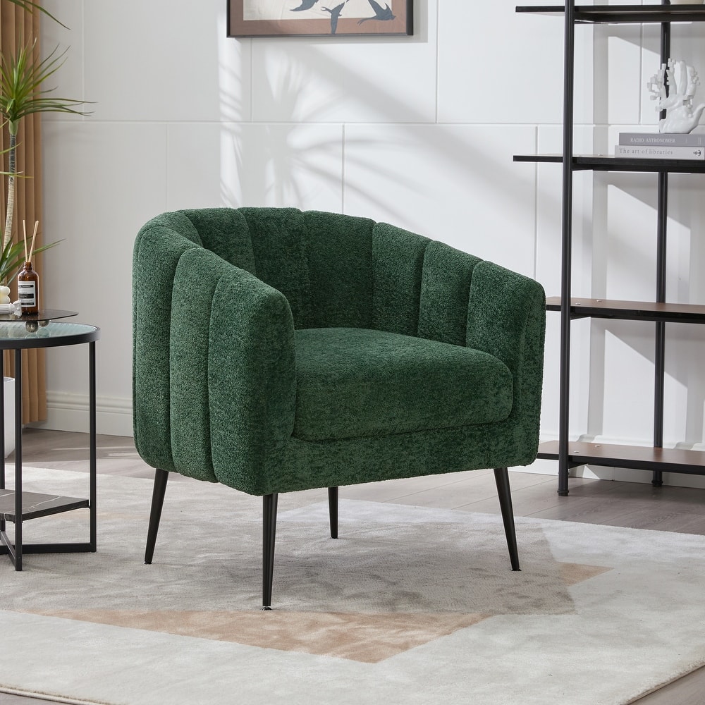 29.9" Upholstered Chenille Vanity Barrel Accent Chair with Metal Legs, Channel Tufted Lounge Chair Round Leisure Armchair