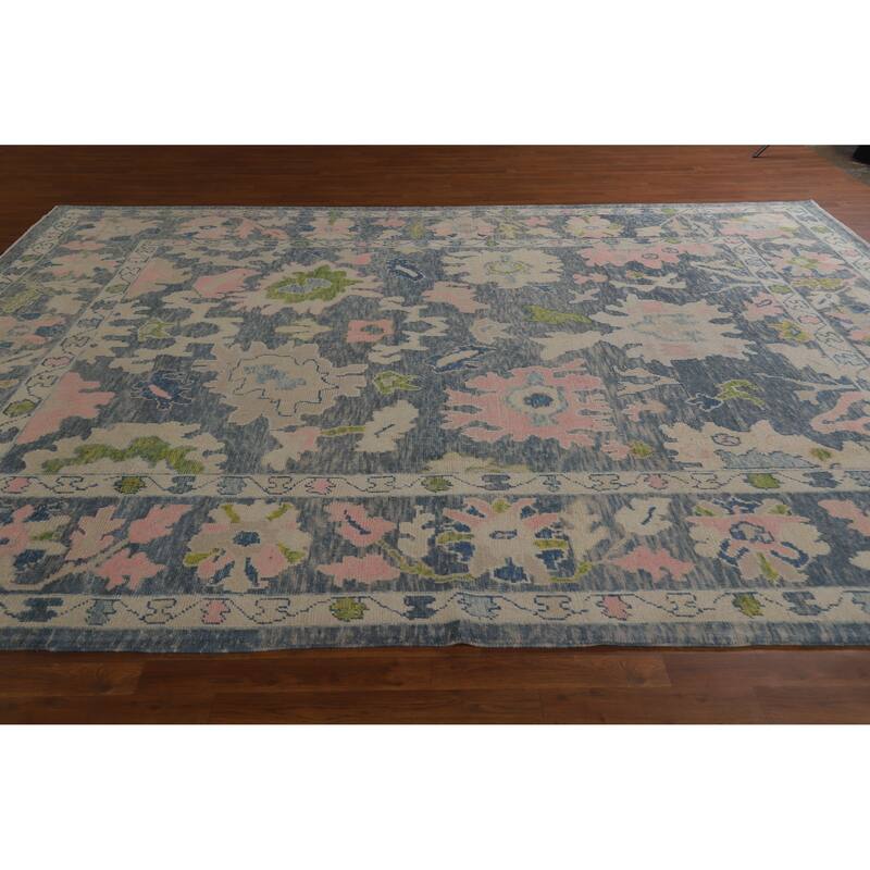 Hand Knotted Oriental 100% Wool Carpet Transitional All-Over Navy Blue & Blues Oushak Area Rug - 11' 7'' X 9' 3''