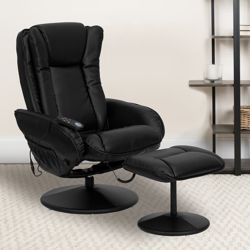 LeatherSoft Massaging Multi-Position Recliner w/Ottoman - Black