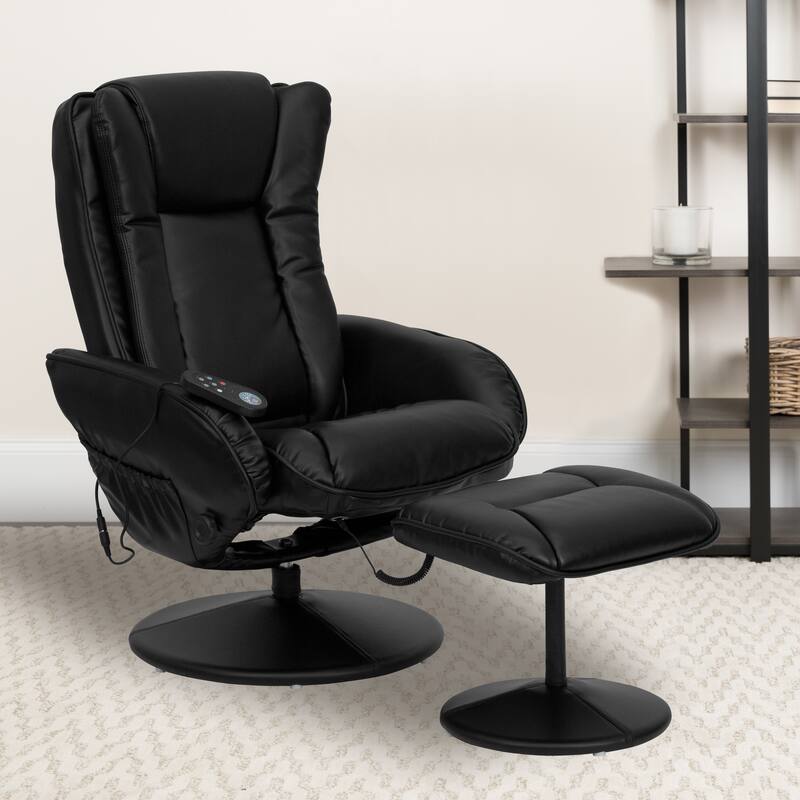 LeatherSoft Massaging Multi-Position Recliner w/Side Pocket & Ottoman - Black Faux Leather