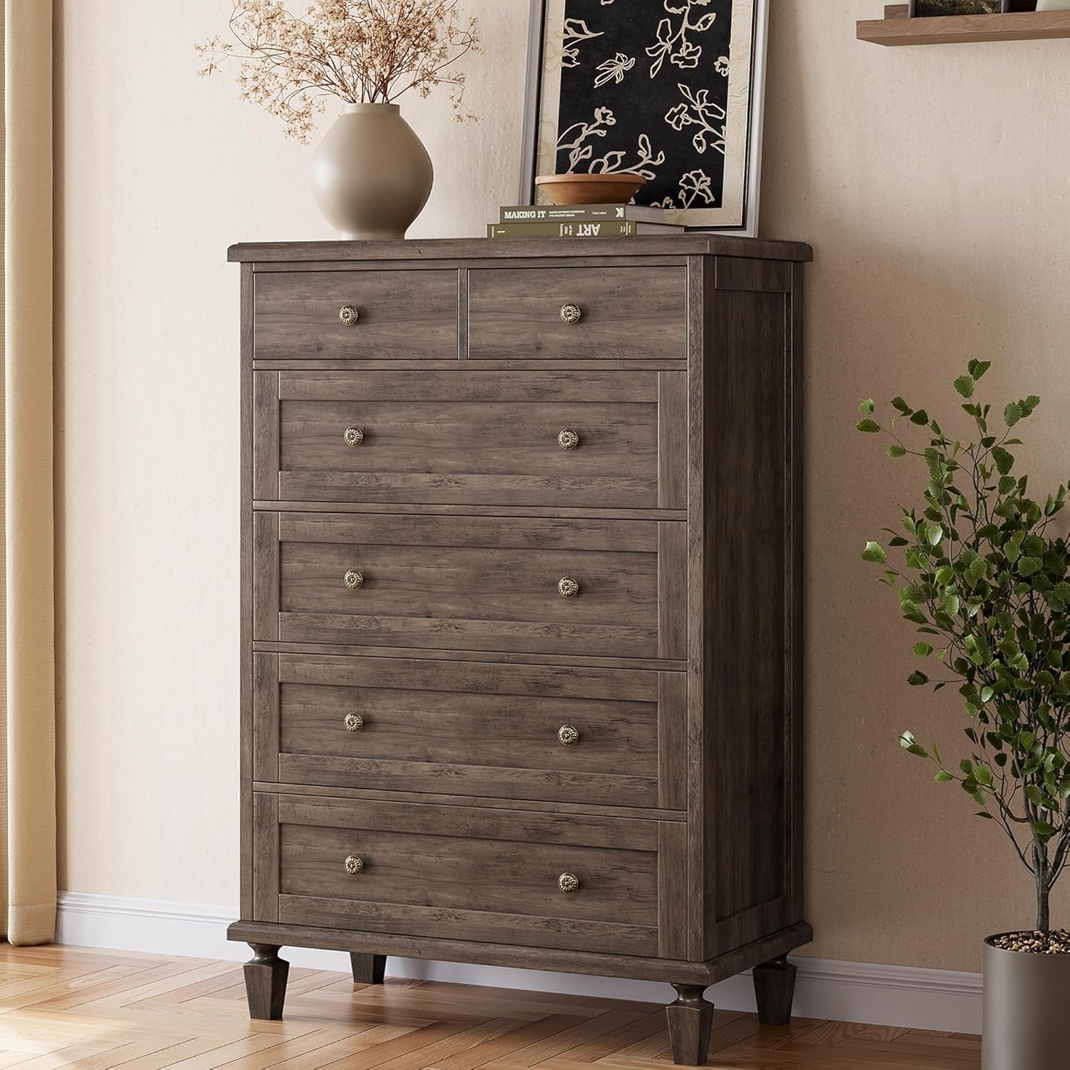Vintage Tall Dresser with Carved Handles & Tapered Legs, Large Capacity Storage for Living Room Entryway