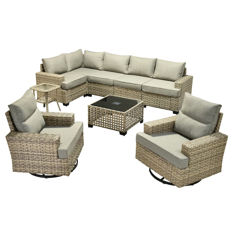 OVIOS 9 Pieces T shaped Seat Wide Armrest Swivel Chair Set With Solar-Powered Table