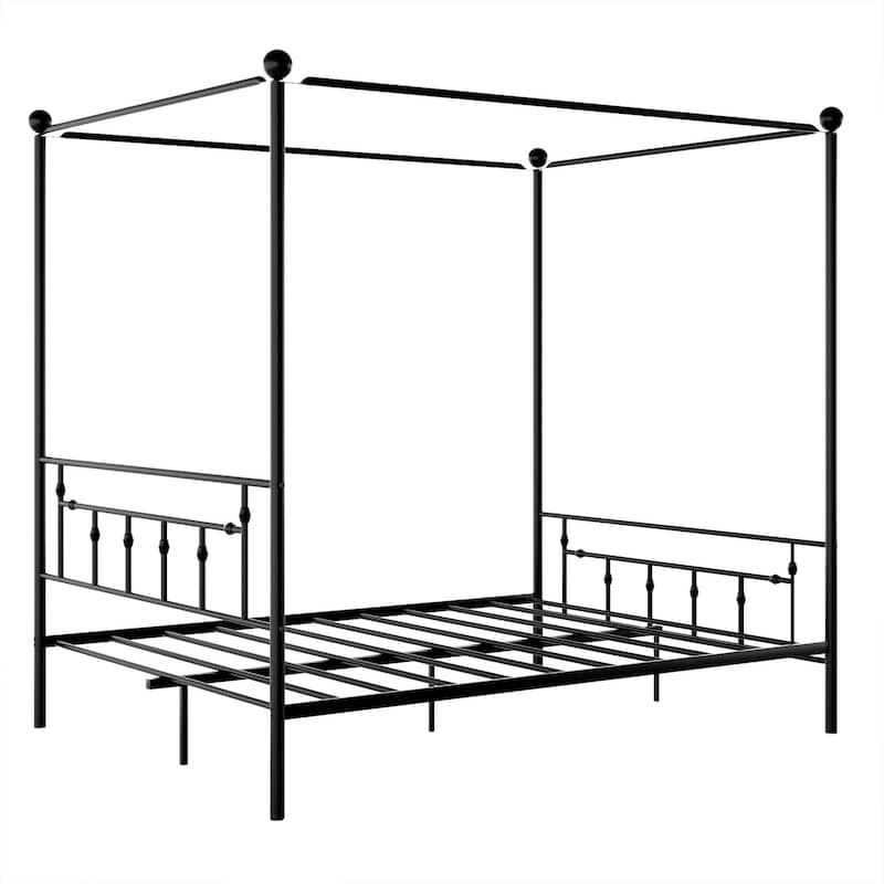 Queen Size Metal Canopy Platform bed with Headboard, Black/White
