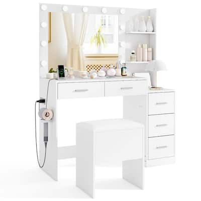 White Vanity Desk with LED Mirror, Built-in Charging Station Storage Stool and 3 Lighting Modes - Table: 43.5" x 16" x 54"