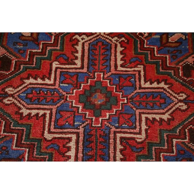 Geometric Heriz Persian Vintage Area Rug Hand-Knotted Red Wool Carpet - 7'5"x 10'9"
