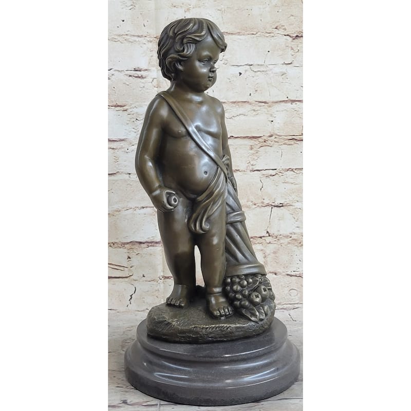 Angelic Young Boy Child Holding Apple Bronze Statue Sculpture Figure 14 Inches X 6 Inches
