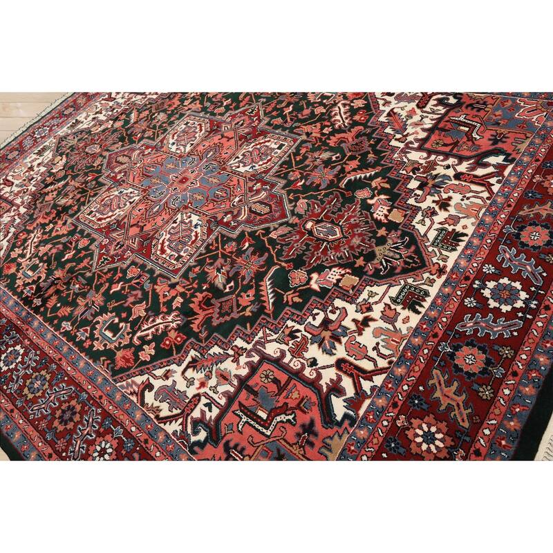 8'10''x11'11'' Hand Knotted Wool Green Heriz Traditional Medallion Area Rug - 8' 10'' x 11' 11''