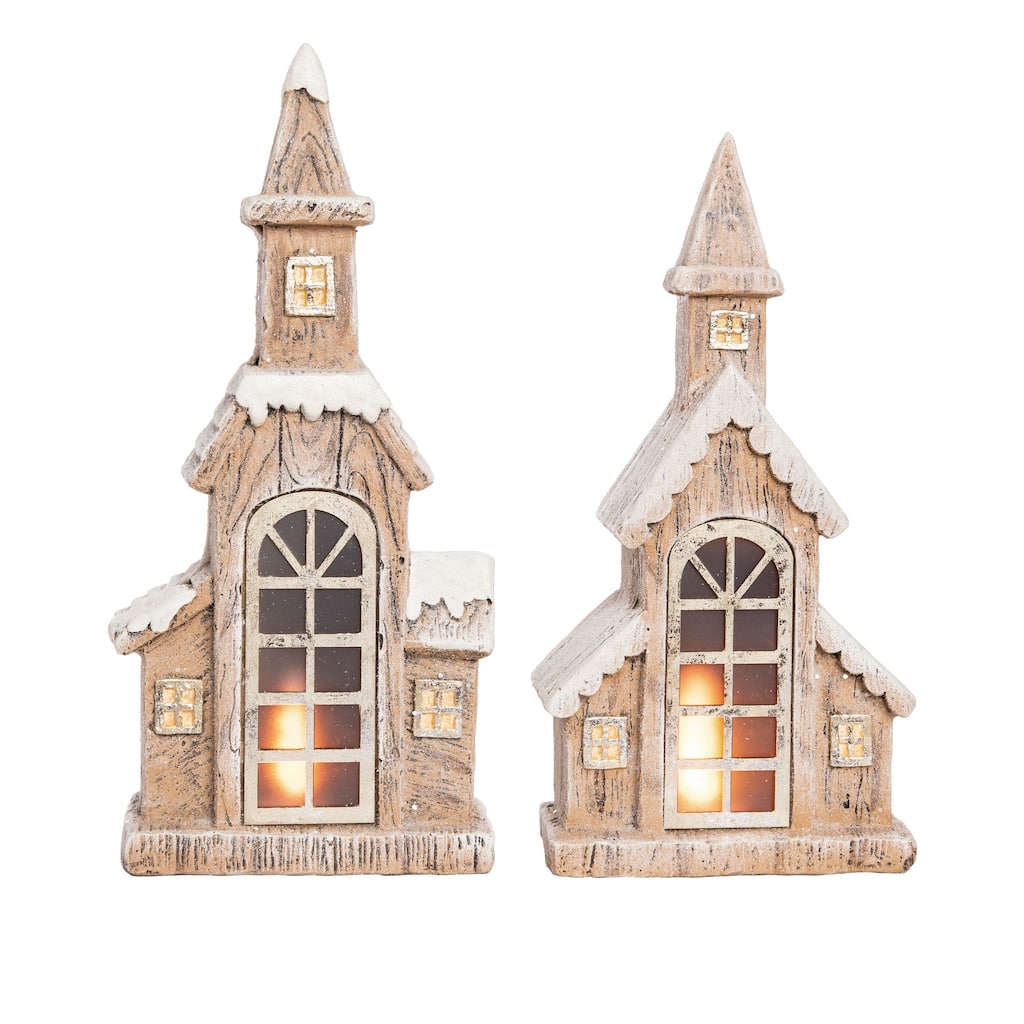 Transpac Resin Light Up Snowy Steeple Set of 2 Christmas Home Decorations