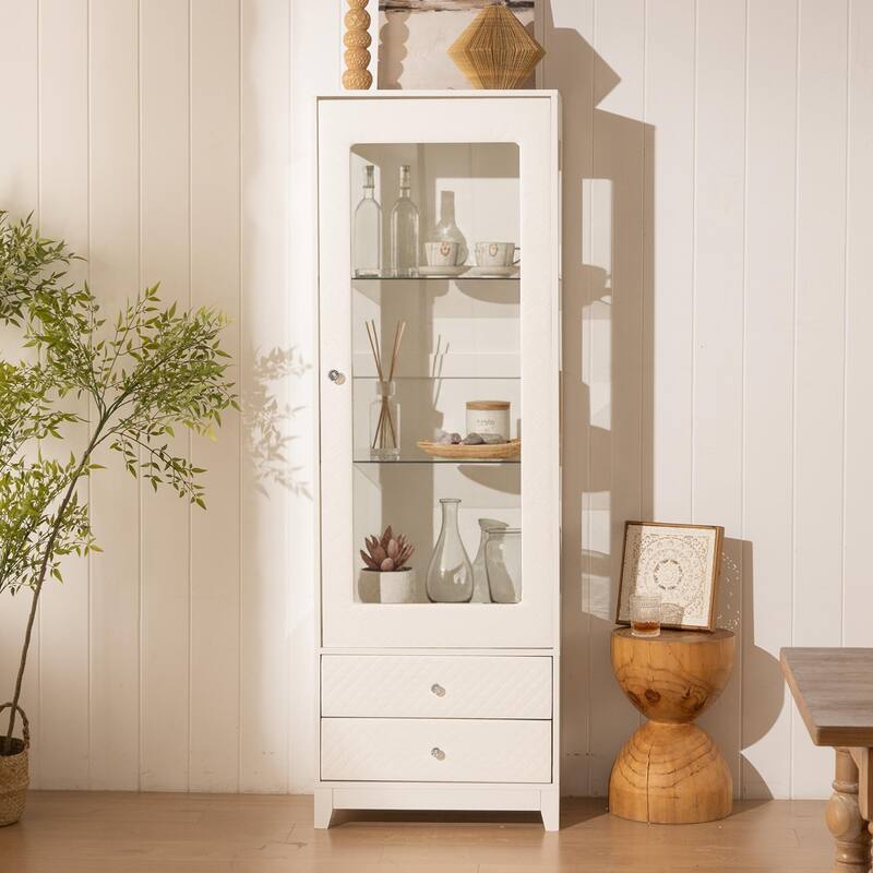 Anmytek 71'' Freestanding Upholstered Display Cabinet, Upholstered Glass Door Cabinet with Ceiling Light,Wine Cabinet