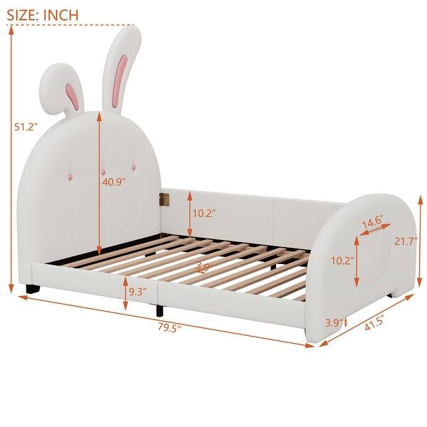 dimension image slide 0 of 2, Twin Size Upholstered Platform Princess Bed Frame with Rabbit-Shape Headboard and Footboard Pocket for Bedroom