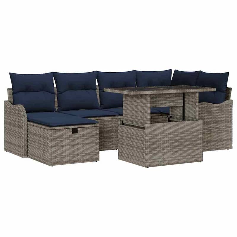 vidaXL 7 Garden Sofa Set with Cushions Black/Brown/Grey Poly Rattan - 91.5 x 48.2 x 27.2