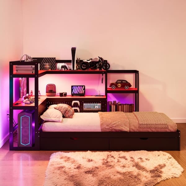 slide 2 of 8, Twin Gaming Daybed with Desk and LED Lights, Storage Drawers, Charging Station, Bookcase Headboard Bed Frame Black Red - Twin