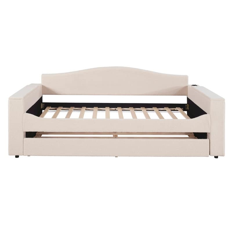 Twin Size Upholstered Daybed with Storage Armrests, Trundle and Latest Integrated Bluetooth Audio System, Teddy Fleece