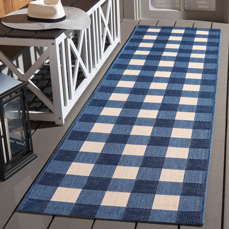 SAFAVIEH Courtyard Meryem Indoor/Outdoor Washable Backyard Patio Rug - 2'3" x 6'7" Runner - Blue/Beige