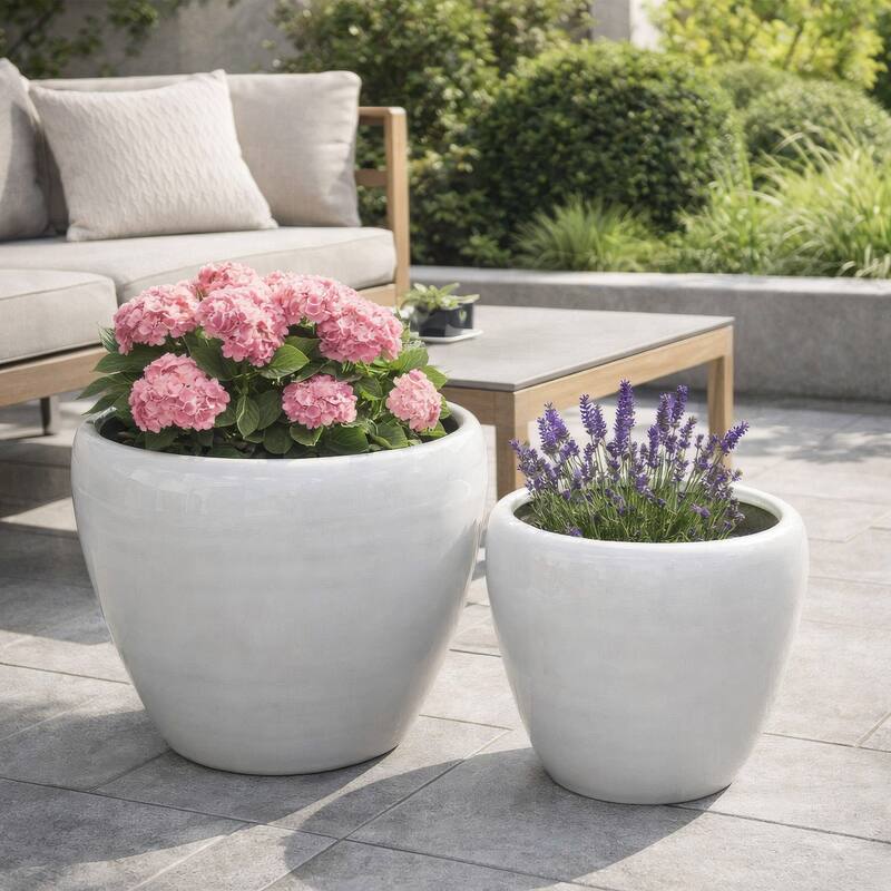 Garden Planter Set of 2, Modern Bowl Shaped Flower Pot, White Ceramic