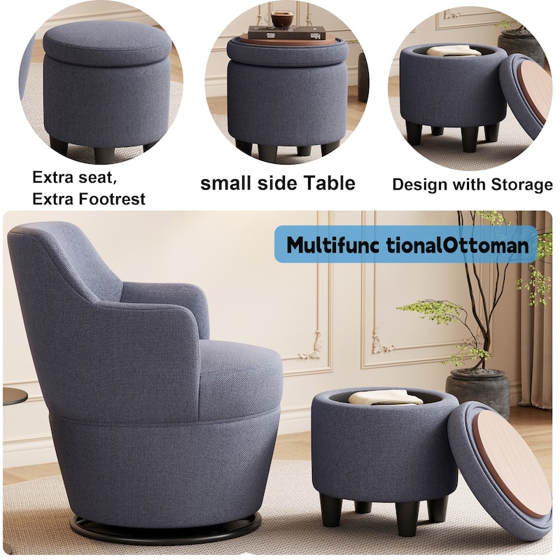 Swivel Accent Chair with Storage Ottoman, Modern Lounge Sofa Chair Barrel Chair Arm Chair with Nail Trim