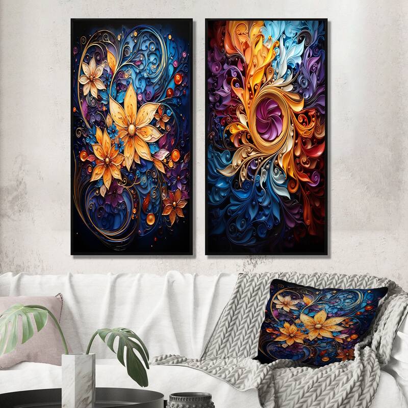Designart "Spiral Kaleidoscope" Abstract Spirals Framed Wall Art Set Of 2 - Gold Gallery Wall Set For Home Decor - 32 in. wide x 32 in. high - Black