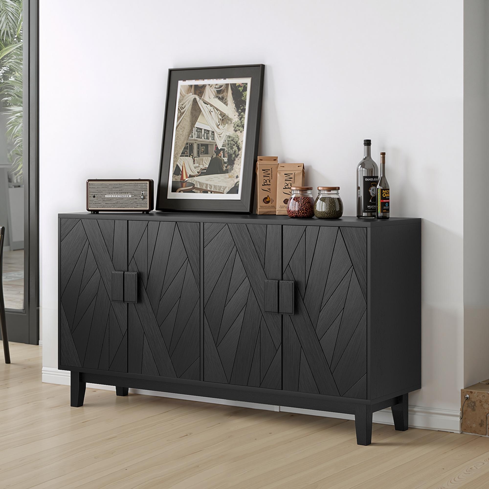 All Black Sideboard Cabinet with Storage, Accent 4-Door Wood Console