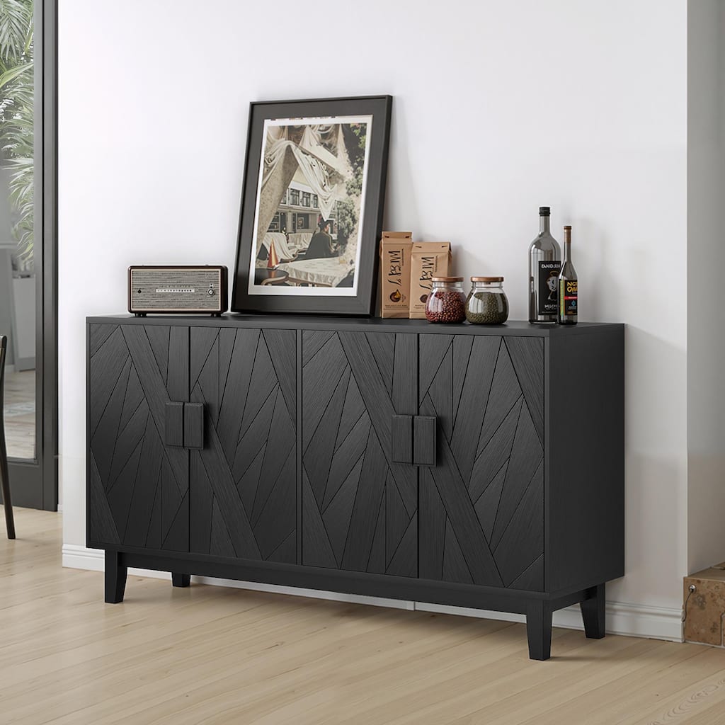 Anmytek Modern Black Sideboard Buffet Cabinet with Geometric Carved Doors Adjustable Shelves Solid Wood Legs for Dining Room