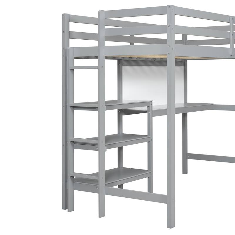 Twin Size Wooden Loft Bed with Built-In Desk, 3-Tier Shelves, Writing Board and Safety Guardrails, Space-Saving Design