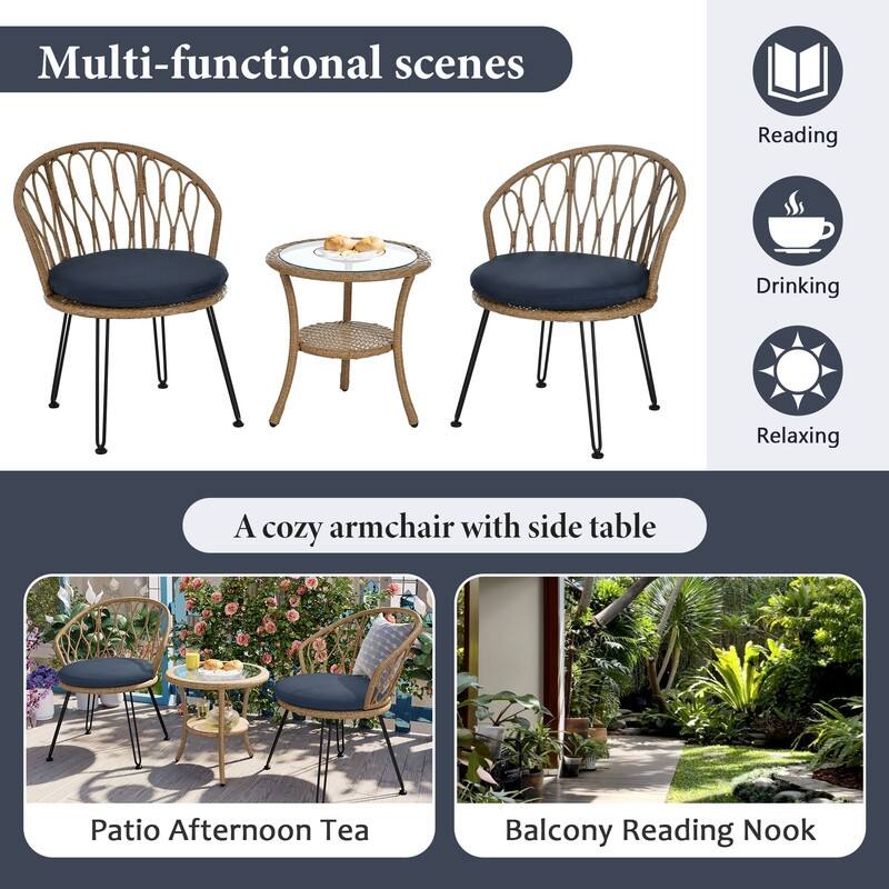 2-Person Outdoor Leisure Set with Glass Round Table and Cushions for Patios and Balconies