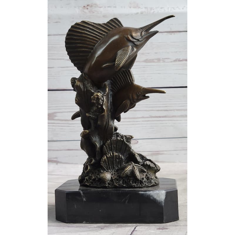 Marlins Sailfish Swordfish Jumping Out Of Ocean Bronze Sculpture Statue Decor On Marble Base
