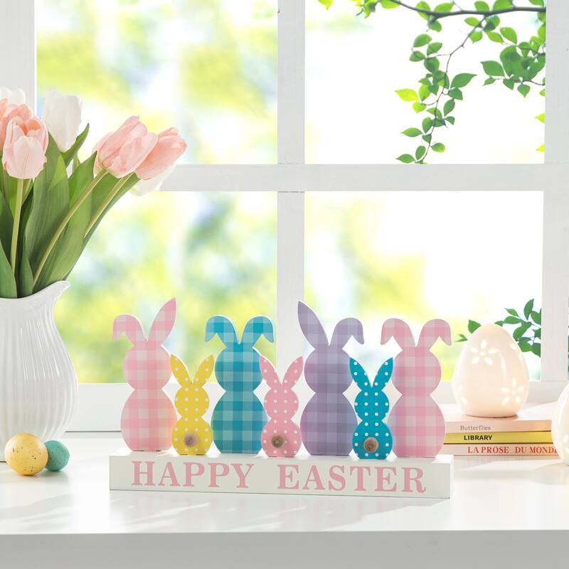 Glitzhome Easter Wooden Metal Tulips Bunny Family Spring Theme Table Decor - "Happy Easter" Bunnies