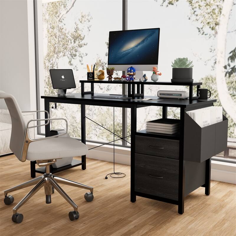 47.3" Computer Desk w/Power Outlet,Monitor Stands,Shelves,Office Desk