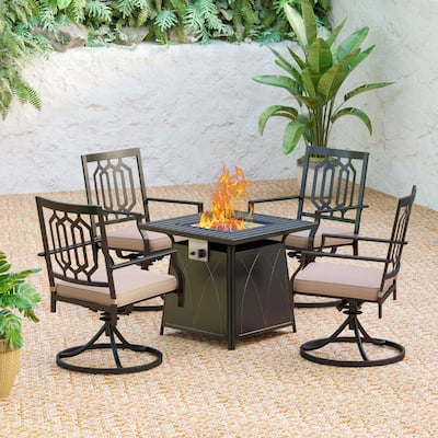MAISON ARTS 5-Piece Gas Fire Pit Table Outdoor Dining Set Steel Swivel Chairs Metal/Wood-look Square Gas Fire Pit Table