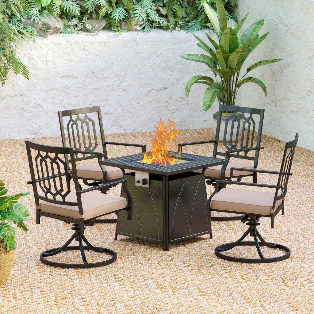 MAISON ARTS 5-Piece Gas Fire Pit Table Outdoor Dining Set Steel Swivel Chairs Metal/Wood-look Square Gas Fire Pit Table