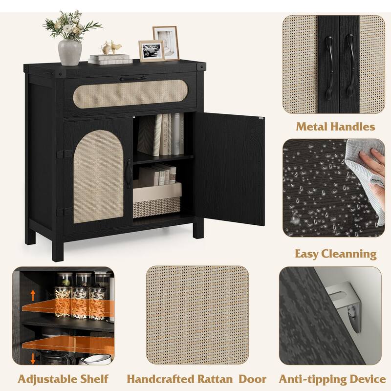 Rattan Sideboard Buffet Cabinets with Storage, Farmhouse Kitchen Accent Storage Cabinet, Boho Coffee Bar Cabinet